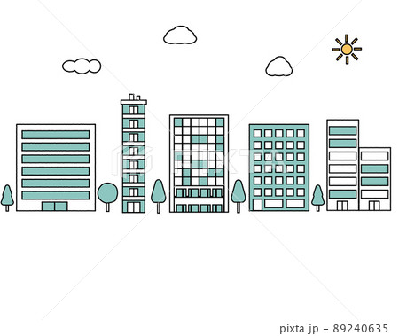 シンプルに描かれた近代的な都市の街並みの風景のイラストセット・建物・オフィス街・オフィスビル シンプルに描かれた近代的な都市の街並みの風景のイラストセット・建物・オフィス街・オフィスビル 89240635