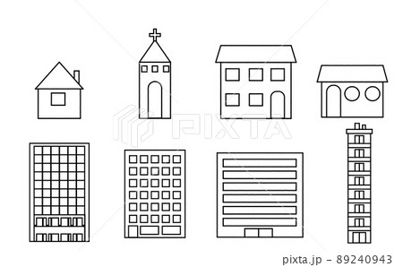 オシャレなモノクロカラーの建物のイラストセット オフィスビル 住宅 住まい 都会のイラスト素材