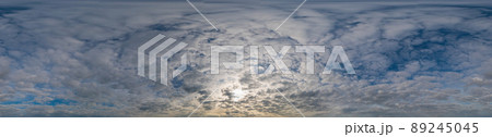 Sky panorama with Stratocumulus clouds in Seamless spherical equirectangular format. Full zenith for use in 3D graphics, game and editing aerial drone 360 degree panoramas for sky replacement. Sky panorama with Stratocumulus clouds in Seamless spherical equirectangular format. Full zenith for use in 3D graphics, game and editing aerial drone 360 degree panoramas for sky replacement. 89245045