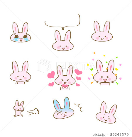 イラスト素材セット かわいいウサギのキャラクターのカットイラスト3 ピンク色うさぎ 主線ありのイラスト素材