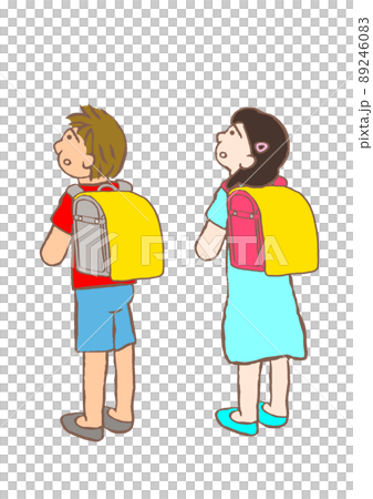 ランドセルを背に不安な表情を見せる小学1年生の男の子と女の子のイラスト 89246083
