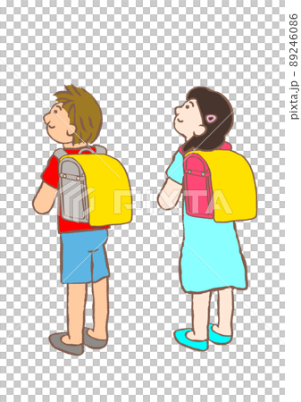 ランドセルを背に笑顔がかわいい小学1年生の男の子と女の子のイラスト 89246086