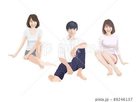 床に座る三人の男女イラストのイラスト素材