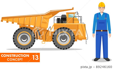 Worker concept. Detailed illustration of workman, driver, miner, builder and off-highway truck in flat style on white background. Heavy mining machine and construction equipment. Vector illustration. 89246160