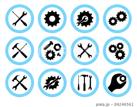 Repair service concept. Simple icons set: wrench, screwdriver, hammer and gear. Services icon or button isolated on white background. Vector illustration. 89246561