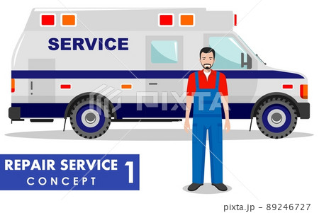 Repair service concept. Detailed illustration of service machine and repairer on white background in flat style. Vector illustration. Repair service concept. Detailed illustration of service machine and repairer on white background in flat style. Vector illustration. 89246727