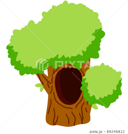 Tree with hollow. Wood with hole. Brown bark of plant and green leaves. Nest of forest animal. 89246812