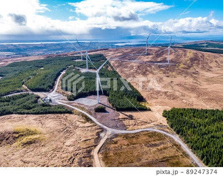 Aerial view of the Cloghervaddy windfarm between Frosses and Glenties in County Donegal 89247374