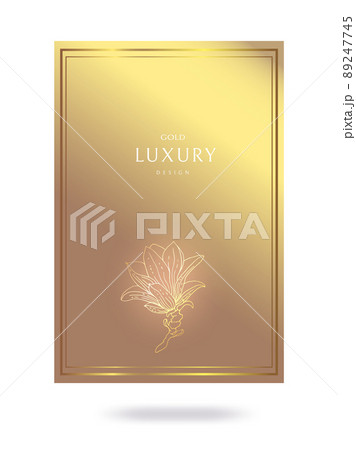 Golden frame. Wedding card template. Brilliant packaging design with a golden blooming magnolia sprig. Abstract background with golden gradient. Gift design option with place for text. Vector 89247745