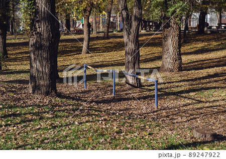 An empty city autumn park. A children's playground with swings in the background. Leafy season. No people. A sunny autumn day. An empty city autumn park. A children's playground with swings in the background. Leafy season. No people. A sunny autumn day. 89247922