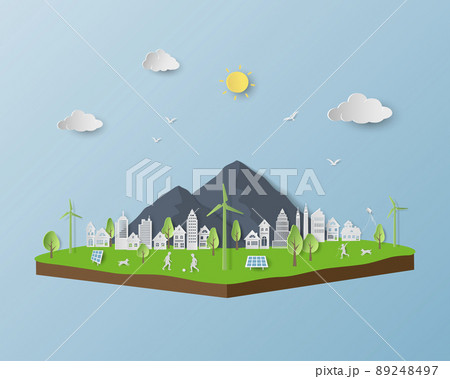 Eco friendly and save the environment conservation concept, isometric landscape with white city on paper art background Eco friendly and save the environment conservation concept, isometric landscape with white city on paper art background 89248497