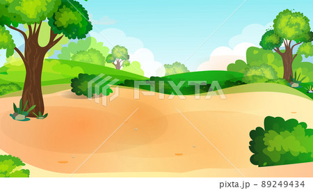 Fairytale background with green meadow. Forest country. Cartoon, childish illustration. Trees and sandy path. Fairy landscape. Nice park or garden. Vector. Fairytale background with green meadow. Forest country. Cartoon, childish illustration. Trees and sandy path. Fairy landscape. Nice park or garden. Vector. 89249434