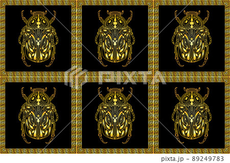 Seamless pattern with golden beetles in a rectangular ornament in the Greek style Seamless pattern with golden beetles in a rectangular ornament in the Greek style 89249783