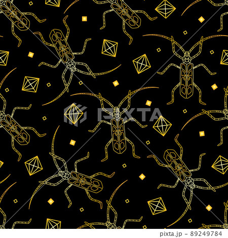 Seamless bohemian golden pattern of beetles and diamonds 89249784