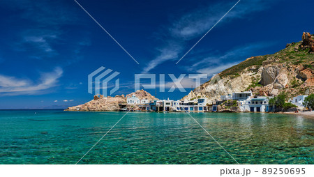 The beach of Firapotamos in Milos, Greece 89250695