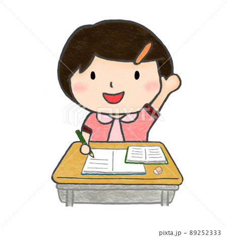 色鉛筆手描きイラスト　授業で手をあげる小学生の女の子 89252333
