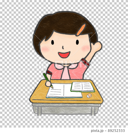 色鉛筆手描きイラスト　授業で手をあげる小学生の女の子 89252333