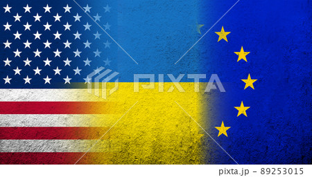 National flag of Ukraine, United States of America USA national flag and Flag of the European Union. Grunge background National flag of Ukraine, United States of America USA national flag and Flag of the European Union. Grunge background 89253015