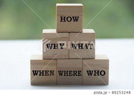 Text on wooden blocks with blurred nature background - How, Why, What, When, Where, Who. 89253248