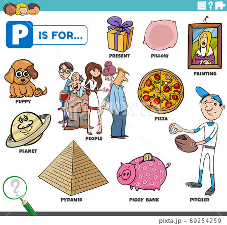 letter p words educational set with cartoon characters 89254259
