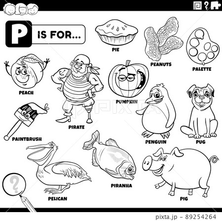letter p words educational set coloring book page 89254264