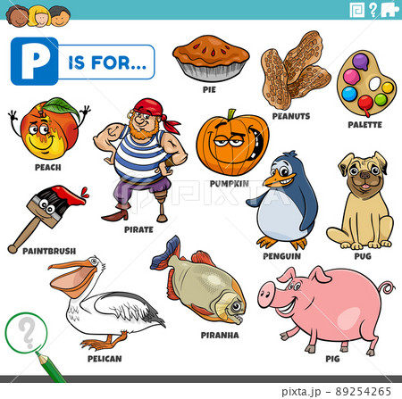 letter p words educational set with cartoon characters 89254265