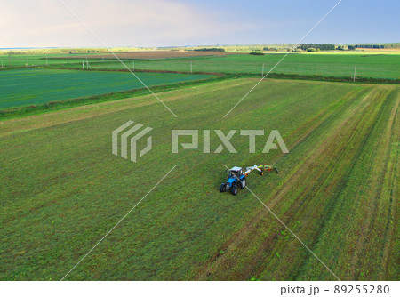 Tractor raking grass for silage harvesting. Agriculture farm machinery work at field. 89255280