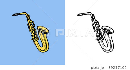 Saxophone. Musical wind instrument. Hand drawn sketch in vintage doodle style. 89257102