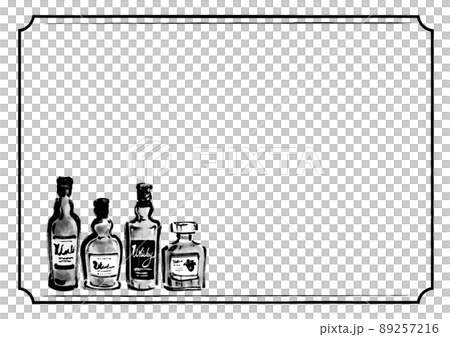 お酒のボトル4本の手描きイラストのフレーム モノクロのイラスト素材