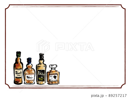 お酒のボトル4本の手描きイラストのフレームのイラスト素材