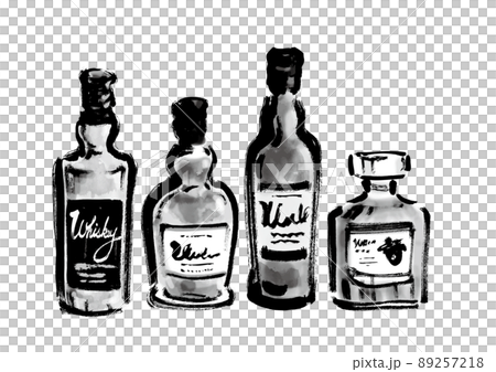 お酒のボトル4本の手描き和風イラスト モノクロのイラスト素材