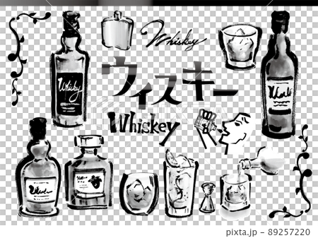ウィスキーのイラストセットの手描きイラスト　モノクロ 89257220