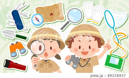 探検道具と探検隊の少年少女 89258937