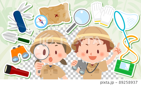 探検道具と探検隊の少年少女 89258937