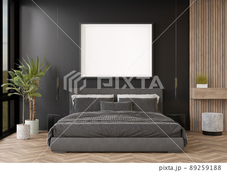 Empty picture frame on black wall in modern bedroom. Mock up interior in contemporary style. Free, copy space for your picture, poster. Bed, plants. 3D rendering. Empty picture frame on black wall in modern bedroom. Mock up interior in contemporary style. Free, copy space for your picture, poster. Bed, plants. 3D rendering. 89259188