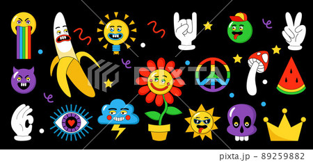 Psychedelic elements. Abstract surrealism funny emoji fashion face. Vector psychedelic funny abstract character creatures image patches funny character sticker Psychedelic elements. Abstract surrealism funny emoji fashion face. Vector psychedelic funny abstract character creatures image patches funny character sticker 89259882