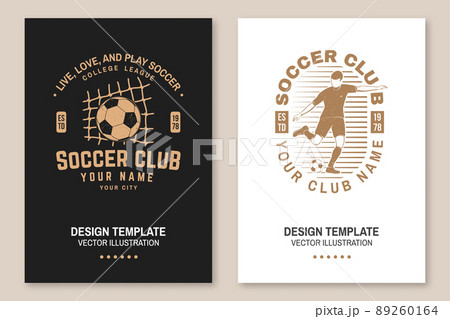 Set of soccer club badge template. Vector illustration. Flyer, brochure, banner, poster with soccer player silhouettes. Set of soccer club badge template. Vector illustration. Flyer, brochure, banner, poster with soccer player silhouettes. 89260164