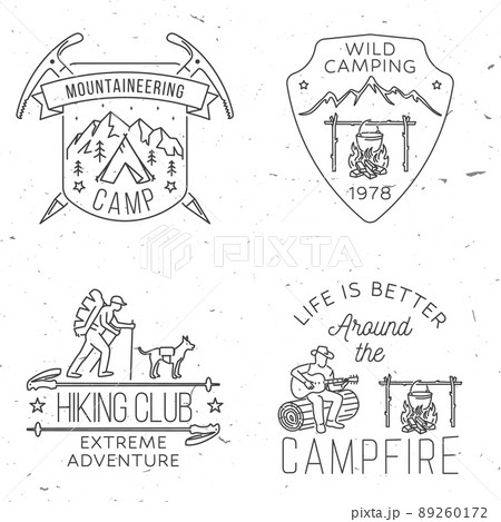 Set of Outdoor adventure badge. Vector. Vintage line art design with camping tent, hiker, dog and hiking stick, campfire, camper tent, pot on the fire, axe and mountain. 89260172