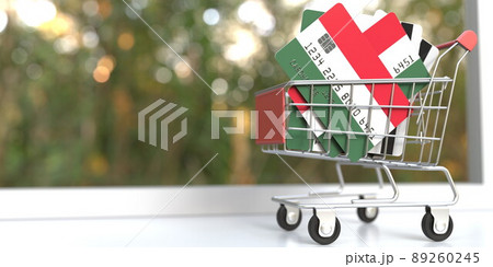Bank card mockups with flags of Hungary in a small shopping cart. Conceptual 3D rendering Bank card mockups with flags of Hungary in a small shopping cart. Conceptual 3D rendering 89260245