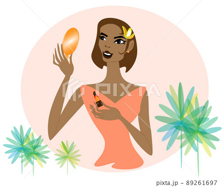 charming Lady with the mirror. Beautiful Lady looks in the mirror painting her lips and thinks what she needs more for make-up, mascara, foundation, powder, highlighter, eyebrow and eye pencil, blush. 89261697