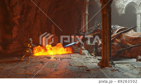 Fantasy battle scene with dragon attacking medieval knight 3d illustration Fantasy battle scene with dragon attacking medieval knight 3d illustration 89263502