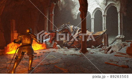Fantasy battle scene with dragon attacking...のイラスト素材 [89263503] - PIXTA