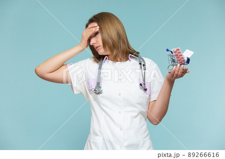 high price of drugs and medicine. Inflation, imitation. A woman doctor shows a miniature basket of medicines, on a blue background. Copy paste. healthcare concept. high price of drugs and medicine. Inflation, imitation. A woman doctor shows a miniature basket of medicines, on a blue background. Copy paste. healthcare concept. 89266616