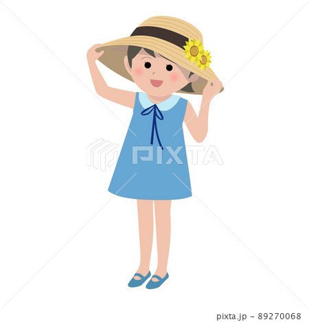 ヒマワリの飾りのついた麦わら帽子をかぶった女の子のイラスト素材
