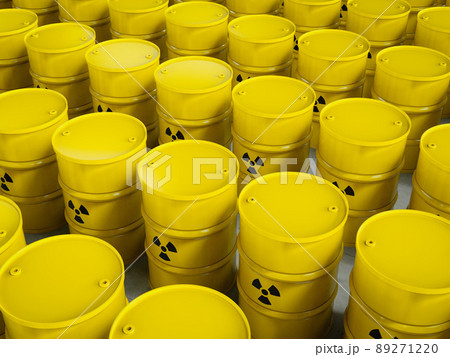 Group of yellow barrels with radiation hazard sign Group of yellow barrels with radiation hazard sign 89271220