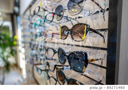 Assorted glasses on display at an opometrist store Assorted glasses on display at an opometrist store 89271460