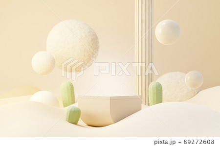 3d Mock up Brown cream podium with Cactus and Sands desert mini theme. Pedestal stage for product and cosmetic presentation. Abstract colorful scene for advertising. Sale promotion background. 89272608