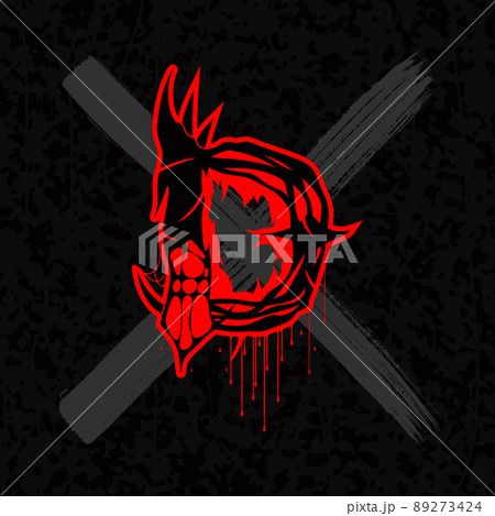 Red letter with spines and bloodlines on dark background. 89273424