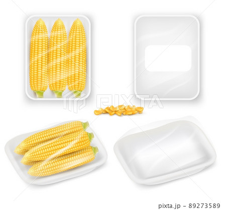 Corn packaging tray mockup set, vector realistic illustration Corn packaging tray mockup set, vector realistic illustration 89273589