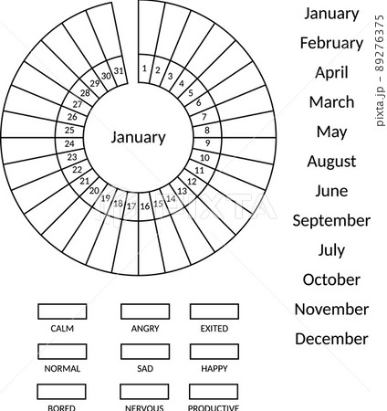 Mood tracker blank with numbers and months. Bullet journal monochrome template. Mood tracker blank with numbers and months. Bullet journal monochrome template. 89276375